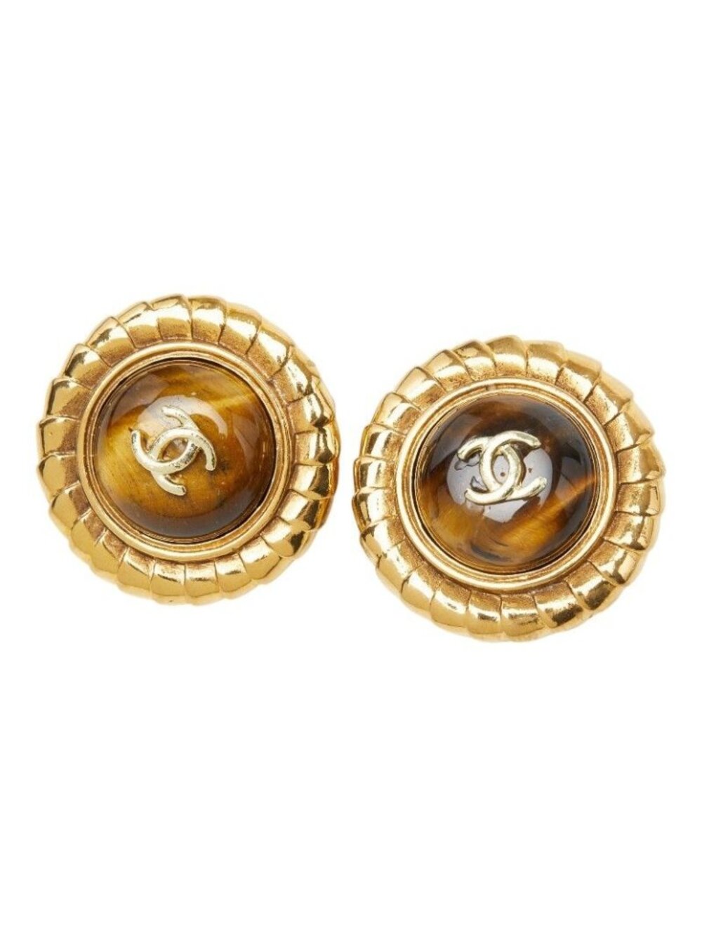 Chanel CC Logo Vintage Round Earrings Brown Gold Plated Tiger